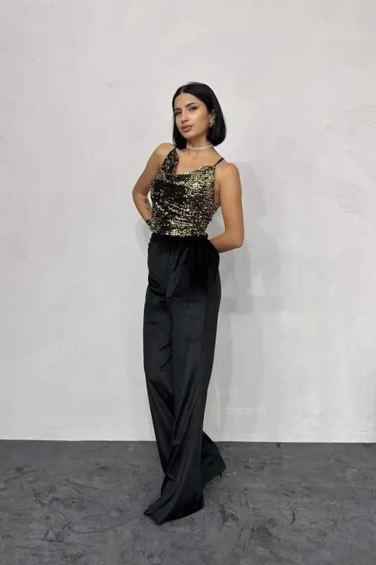 Gold Asymmetric Cowl Neck Blouse - 2