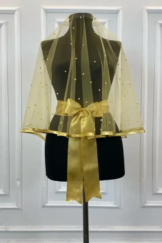 Gold Bead Detailed Bridal Veil Set, Henna Cover - BEADEDGOLD - 4