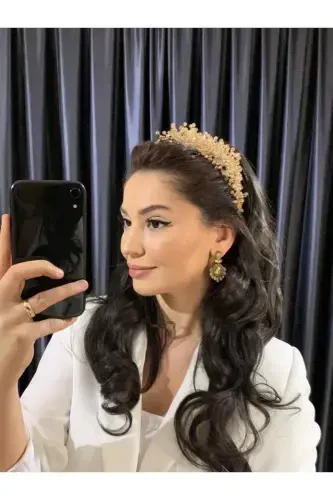 Gold Beaded Bridal Henna Wedding Crown-Honey - 1