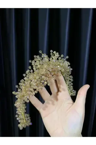 Gold Beaded Bridal Henna Wedding Crown-Honey - BEYOĞLU NİŞANTAŞI (1)