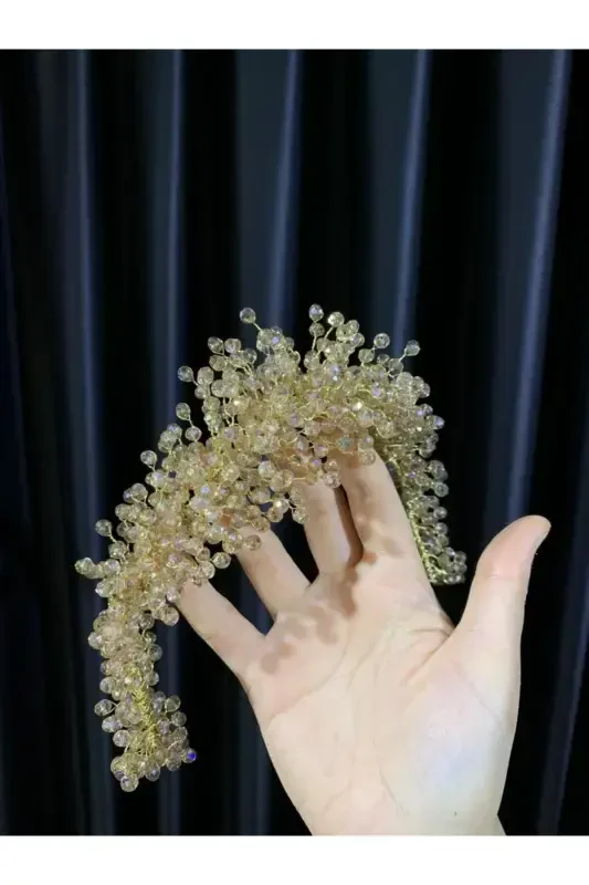 Gold Beaded Bridal Henna Wedding Crown-Honey - 2
