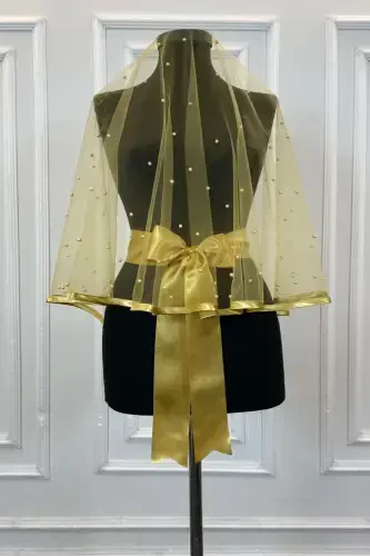 Gold Biyeli Bol İncili Gelin Duvak Seti, Kına Örtüsü-BİYELİİNCİLİGOLD - 4