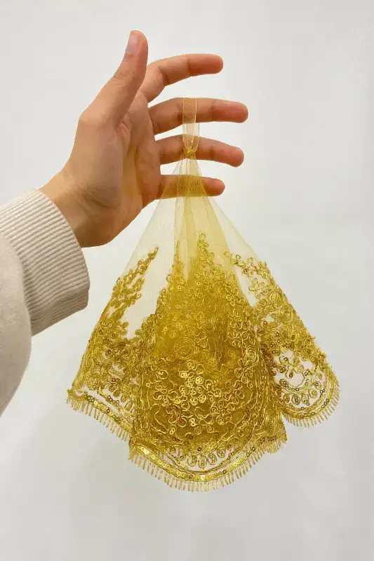 Gold Bride Groom Halay Handkerchief, Shiny Lace, Wedding Henna Night Bridesmaid Engagement Bride-HANDKERCHIEFGOLD - 2