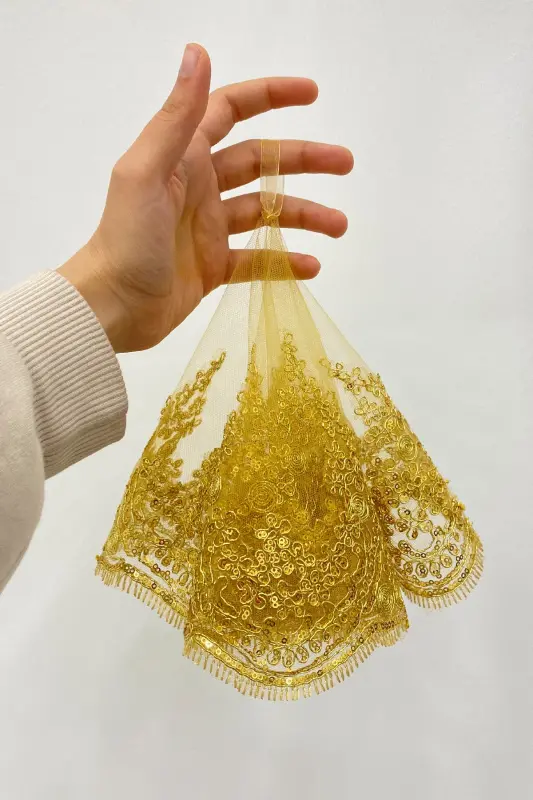 Gold Bride Groom Halay Handkerchief, Shiny Lace, Wedding Henna Night Bridesmaid Engagement Bride-HANDKERCHIEFGOLD - 2