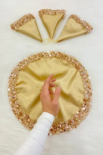 Gold Bride Groom Handkerchief, Sparkling Sequin Detailed Wedding Halay Bridesmaid Engagement Henna Circumcision Handkerchief-MENDİLIŞILMODELGOLDCE 