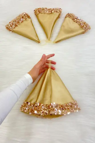 Gold Bride Groom Handkerchief, Sparkling Sequin Detailed Wedding Halay Bridesmaid Engagement Henna Circumcision Handkerchief-MENDİLIŞILMODELGOLDCE - ZEYMERADE (1)