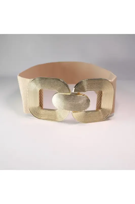 Gold Buckle Interlock Elastic Women's Belt, Jacket Belt, Shirt Belt, Dress Belt-BEIGE - 3