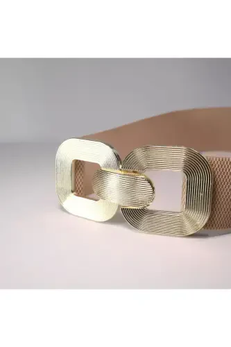 Gold Buckle Interlock Elastic Women's Belt, Jacket Belt, Shirt Belt, Dress Belt-BEIGE - 4