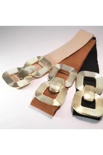 Gold Buckle Interlock Elastic Women's Belt, Jacket Belt, Shirt Belt, Dress Belt-BEIGE - 5