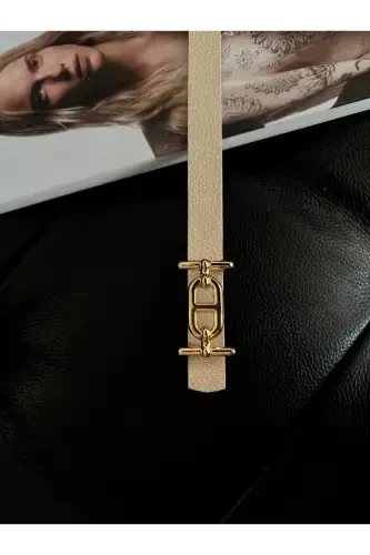 Gold Buckle Skinny Belt, Pants Belt, Shirt Belt, Jacket Belt-Beige - 1