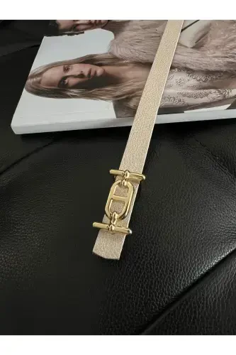 Gold Buckle Skinny Belt, Pants Belt, Shirt Belt, Jacket Belt-Beige - 2