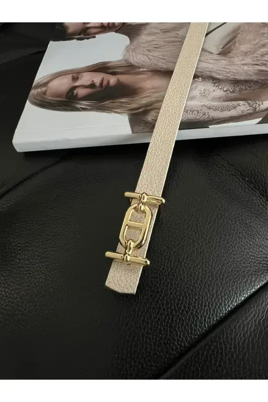 Gold Buckle Skinny Belt, Pants Belt, Shirt Belt, Jacket Belt-Beige - 2