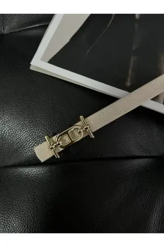 Gold Buckle Skinny Belt, Pants Belt, Shirt Belt, Jacket Belt-Beige - 4