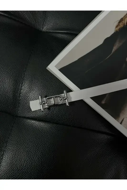 Gold Buckle Skinny Belt, Pants Belt, Shirt Belt, Jacket Belt-White - 3