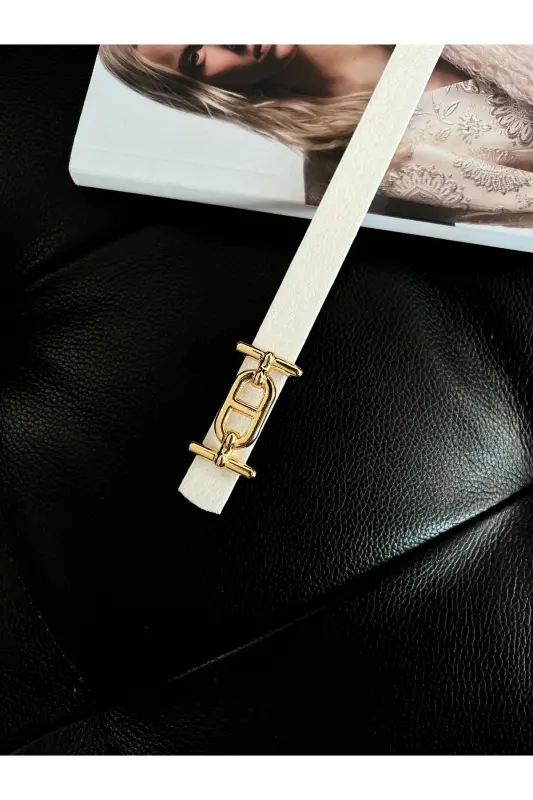 Gold Buckle Skinny Belt, Trouser Belt, Shirt Belt, Jacket Belt-White - FIORI