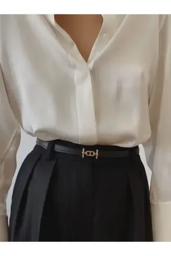 Gold Buckle Thin Women's Belt, Pants Belt, Shirt Belt, Jacket Belt-Black - 1