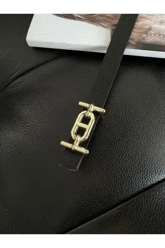 Gold Buckle Thin Women's Belt, Pants Belt, Shirt Belt, Jacket Belt-Black - FIORI (1)