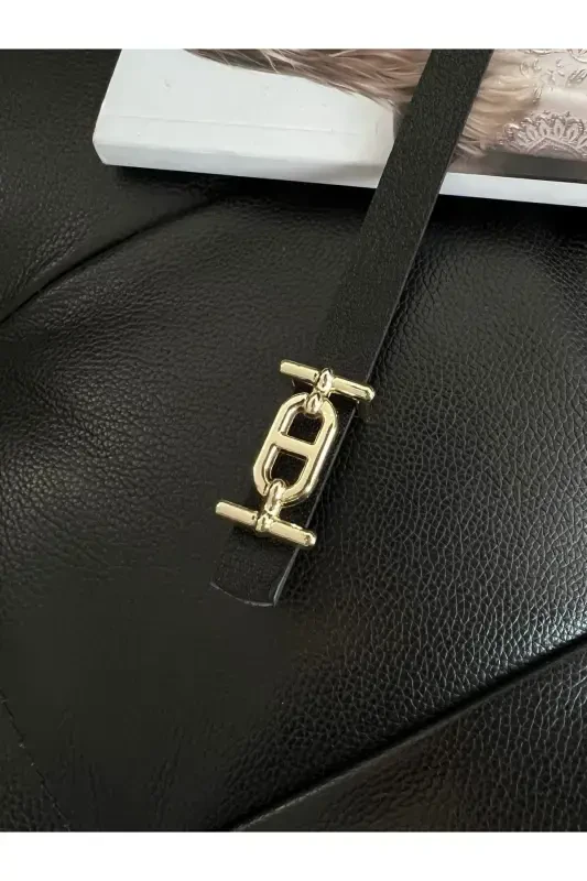 Gold Buckle Thin Women's Belt, Pants Belt, Shirt Belt, Jacket Belt-Black - 2