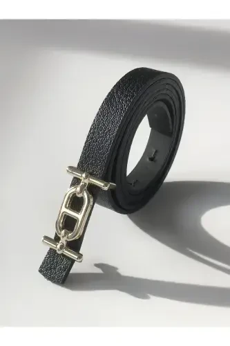 Gold Buckle Thin Women's Belt, Pants Belt, Shirt Belt, Jacket Belt-Black - 3