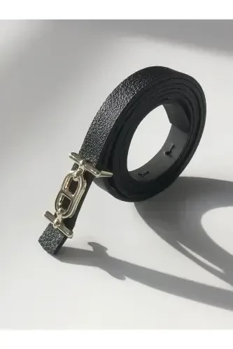 Gold Buckle Thin Women's Belt, Pants Belt, Shirt Belt, Jacket Belt-Black - 4