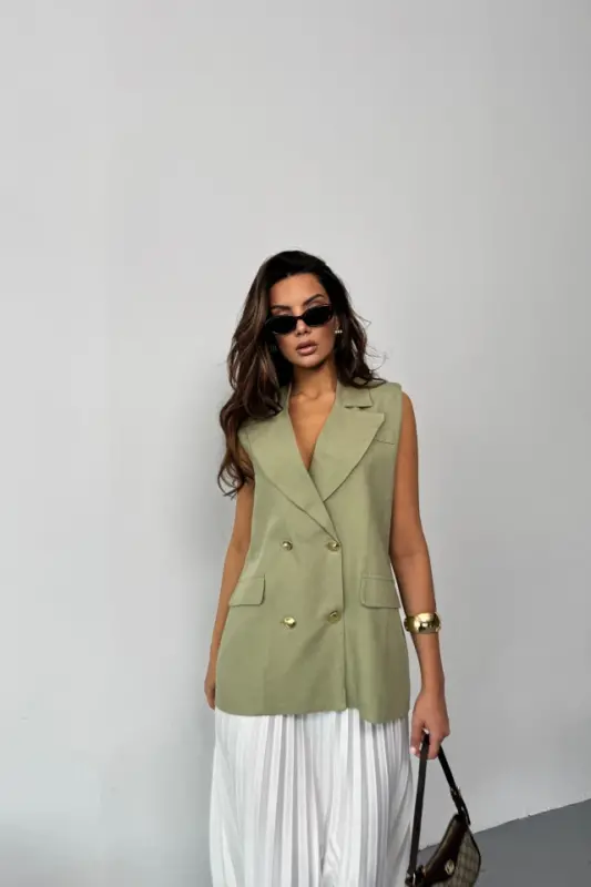 GOLD BUTTON LINEN VEST - Green - 2