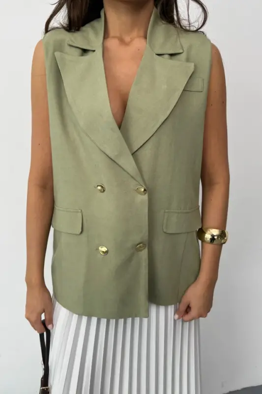 GOLD BUTTON LINEN VEST - Green - 3
