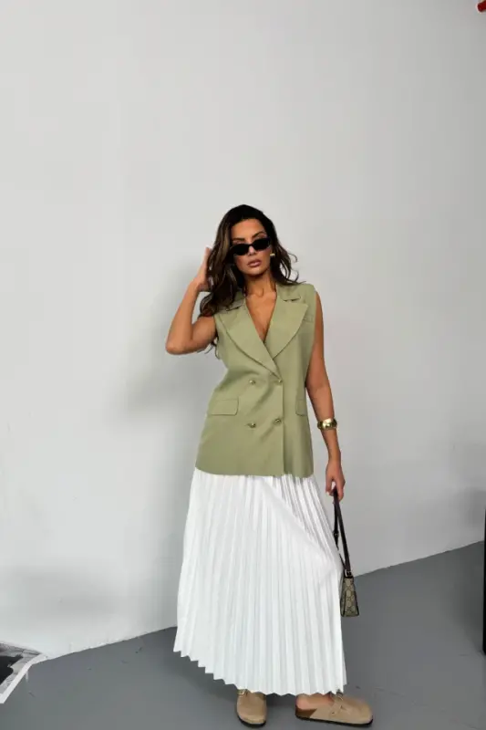 GOLD BUTTON LINEN VEST - Green - 4