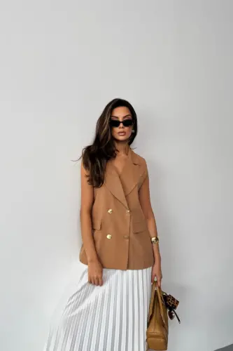 GOLD BUTTONED LINEN VEST - Brown - 1