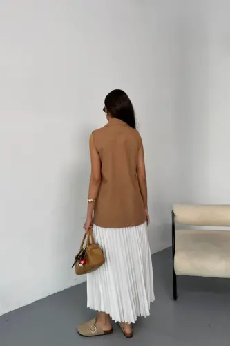 GOLD BUTTONED LINEN VEST - Brown - BÜYÜKBEDENIZ (1)