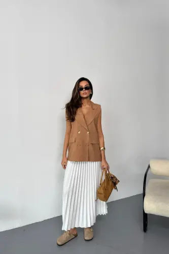 GOLD BUTTONED LINEN VEST - Brown - 3