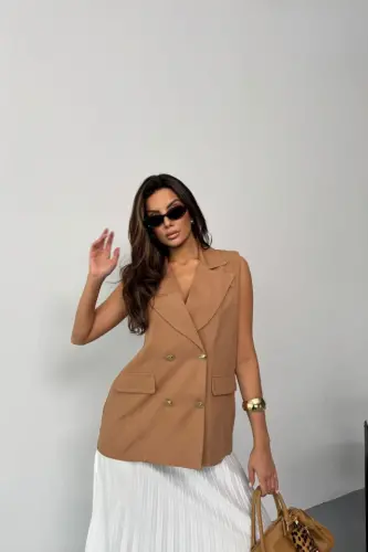 GOLD BUTTONED LINEN VEST - Brown - 4