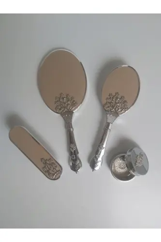 Gold Color Bridal Trunk Mirror Comb Set Team-Cappuccino - NURKA ÇEYIZ (1)