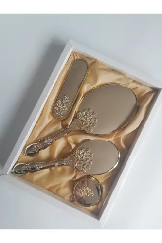 Gold Color Bridal Trunk Mirror Comb Set Team / Dowry-Gold - NURKA ÇEYIZ (1)