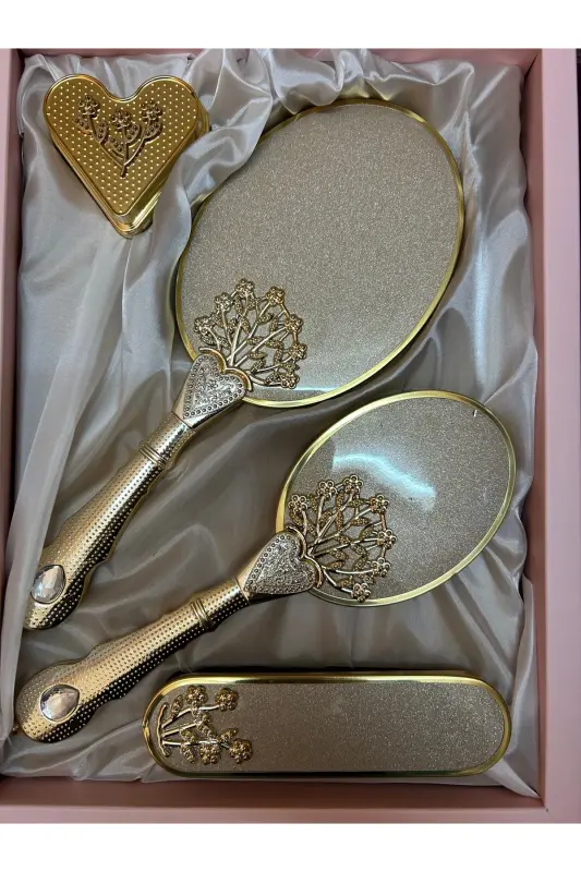 Gold Color Bridal Trunk Mirror Comb Set Team / Dowry-Gold - NURKA ÇEYIZ