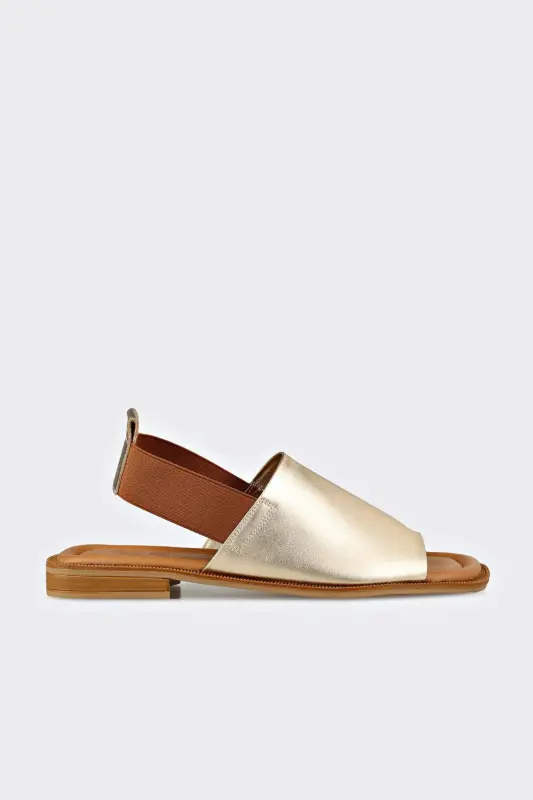 Gold Deri Kadın Düz Sandalet-Gold - ELLE SHOES
