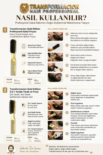 Gold Edition 2-in-1 Professional Beard Brush and Comb - Dual-Sided, Anti-Static Styling 721411 - GOLD - 2