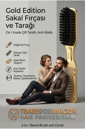 Gold Edition 2 tasi 1 da Professional Soqol cho'tkasi va Taroqi - Ikki tomonlama, Anti-statik Stilizator 721411 - GOLD 