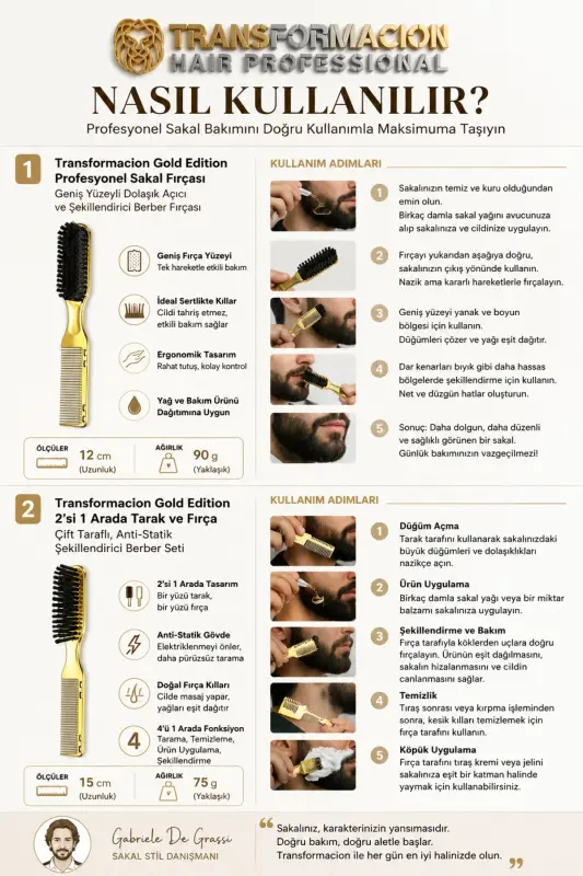 Gold Edition 2'si 1 Arada Profesyonel Sakal Fırçası ve Tarağı - Çift Taraflı, Anti-Statik Şekillendirici 721411 - GOLD - 2