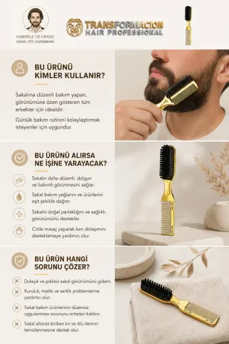Gold Edition 2'si 1 Arada Profesyonel Sakal Fırçası ve Tarağı - Çift Taraflı, Anti-Statik Şekillendirici 721411 - GOLD - 3