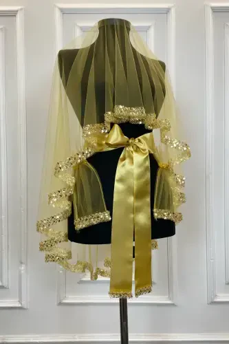 Gold Exquisite Bridal Veil Set, Water Stone Sequin Henna Veil Set 6 Pieces-Gold - 1