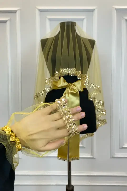 Gold Exquisite Bridal Veil Set, Water Stone Sequin Henna Veil Set 6 Pieces-Gold - 3