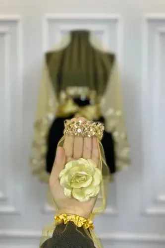 Gold Exquisite Bridal Veil Set, Water Stone Sequin Henna Veil Set 6 Pieces-Gold - 4