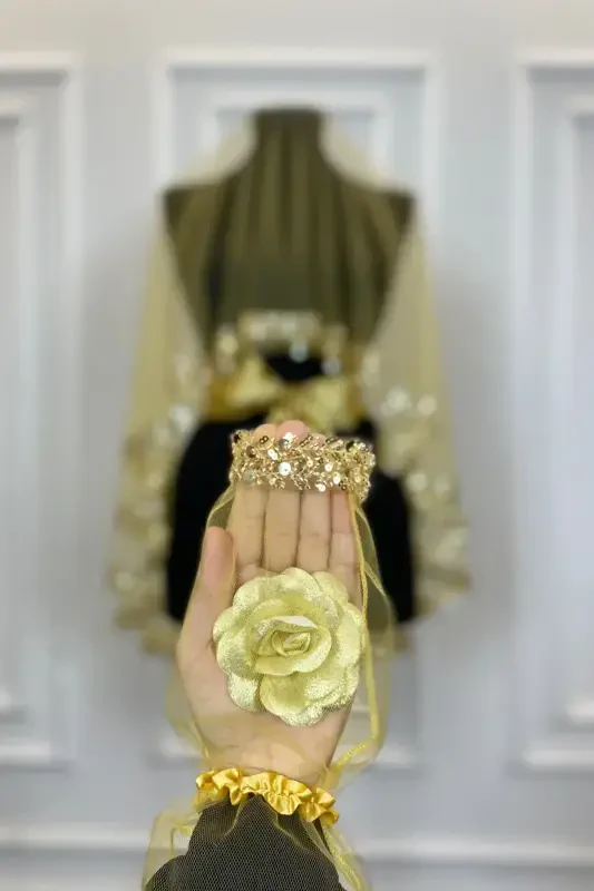 Gold Exquisite Bridal Veil Set, Water Stone Sequin Henna Veil Set 6 Pieces-Gold - 4