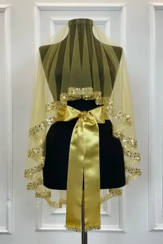 Gold Exquisite Bridal Veil Set, Water Stone Sequin Henna Veil Set 6 Pieces-Gold - 5