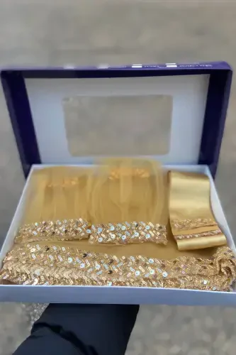 Gold Exquisite Bridal Veil Set, Water Stone Sequin Henna Veil Set 6 Pieces-Gold - 7