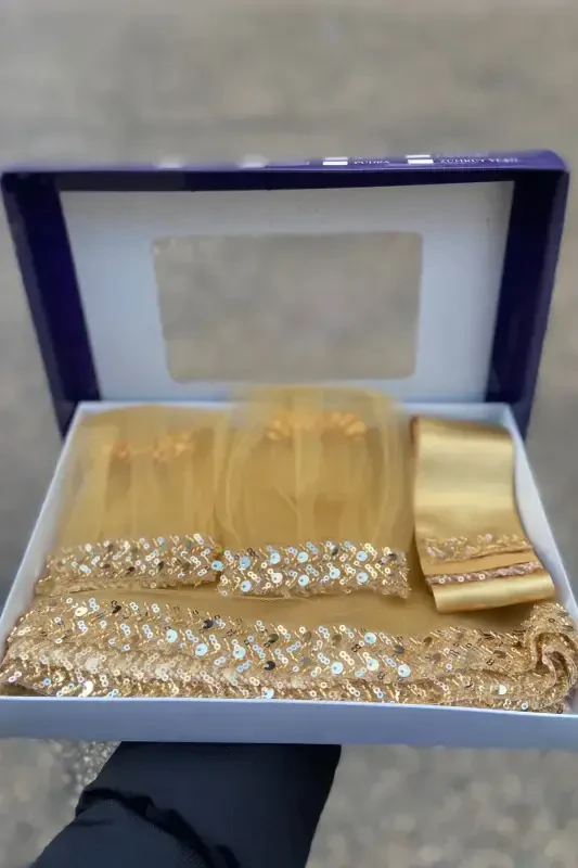 Gold Exquisite Bridal Veil Set, Water Stone Sequin Henna Veil Set 6 Pieces-Gold - 7