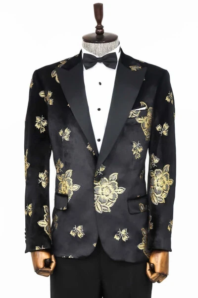 Gold Floral Pattern Shiny Black Men's Tuxedo Jacket - Wessi - WESSI