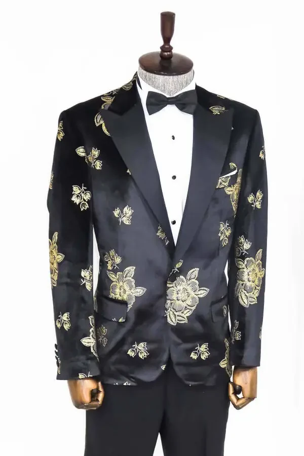 Gold Floral Pattern Shiny Black Men's Tuxedo Jacket - Wessi - 6