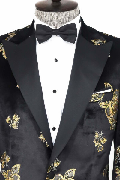 Gold Floral Pattern Shiny Black Men's Tuxedo Jacket - Wessi - WESSI (1)