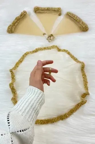 Gold Gelin Damat Mendili, Düğün Halay Nedime Kına Sünnet Mendili, Cam Boncuk ve Pul Baskılı-Gold - 1